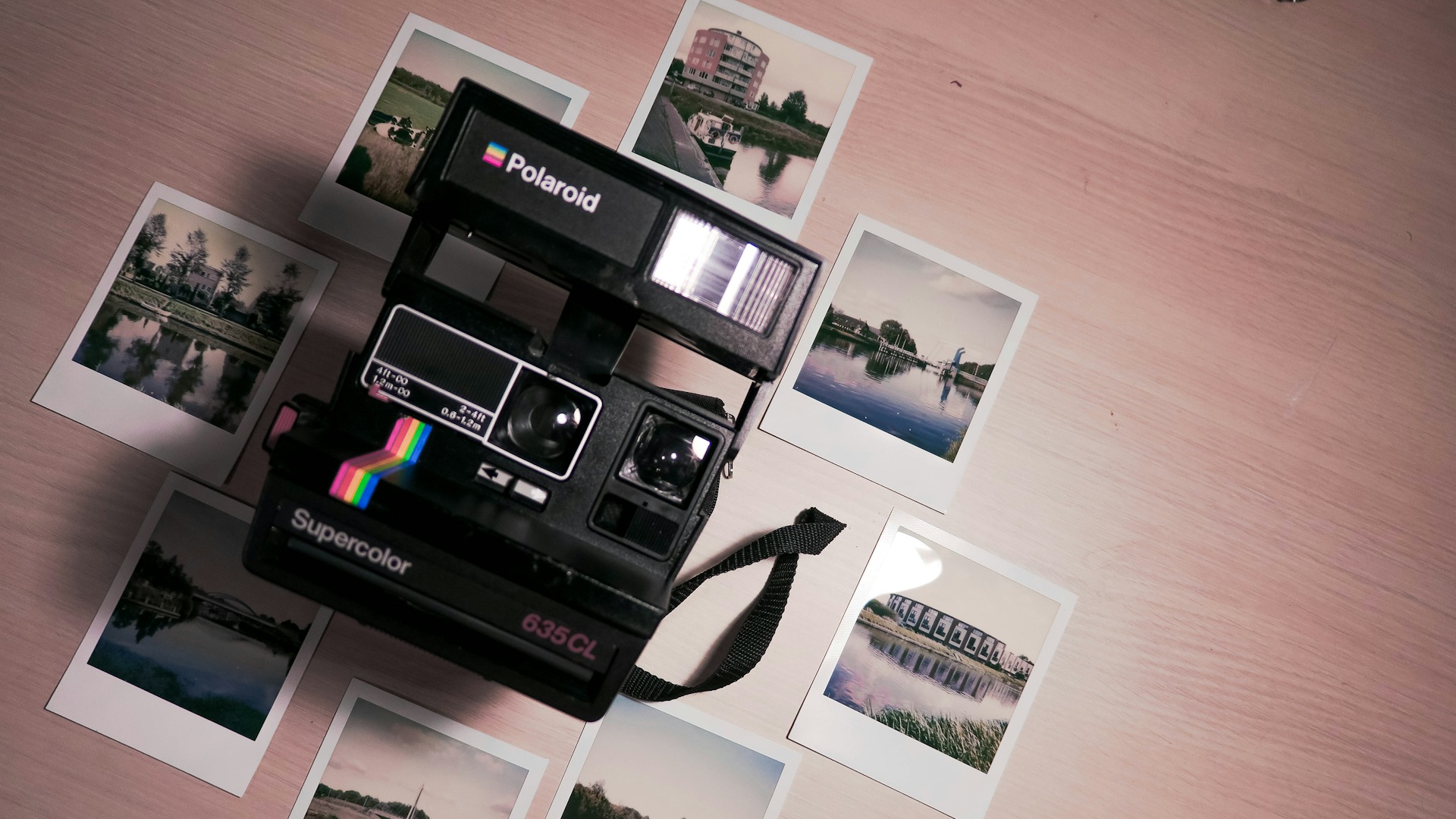 An instant camera surrounded by printed instant photos on a wooden table &mdash; birthday traditions for kids