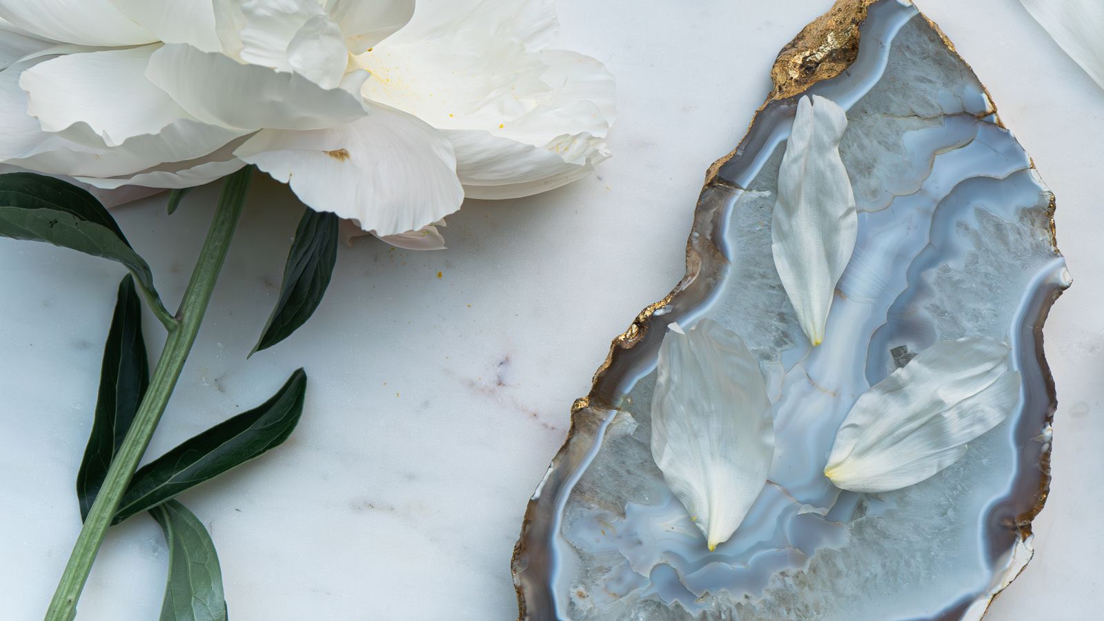 White peony and agate slice on marble — christening gifts UK
