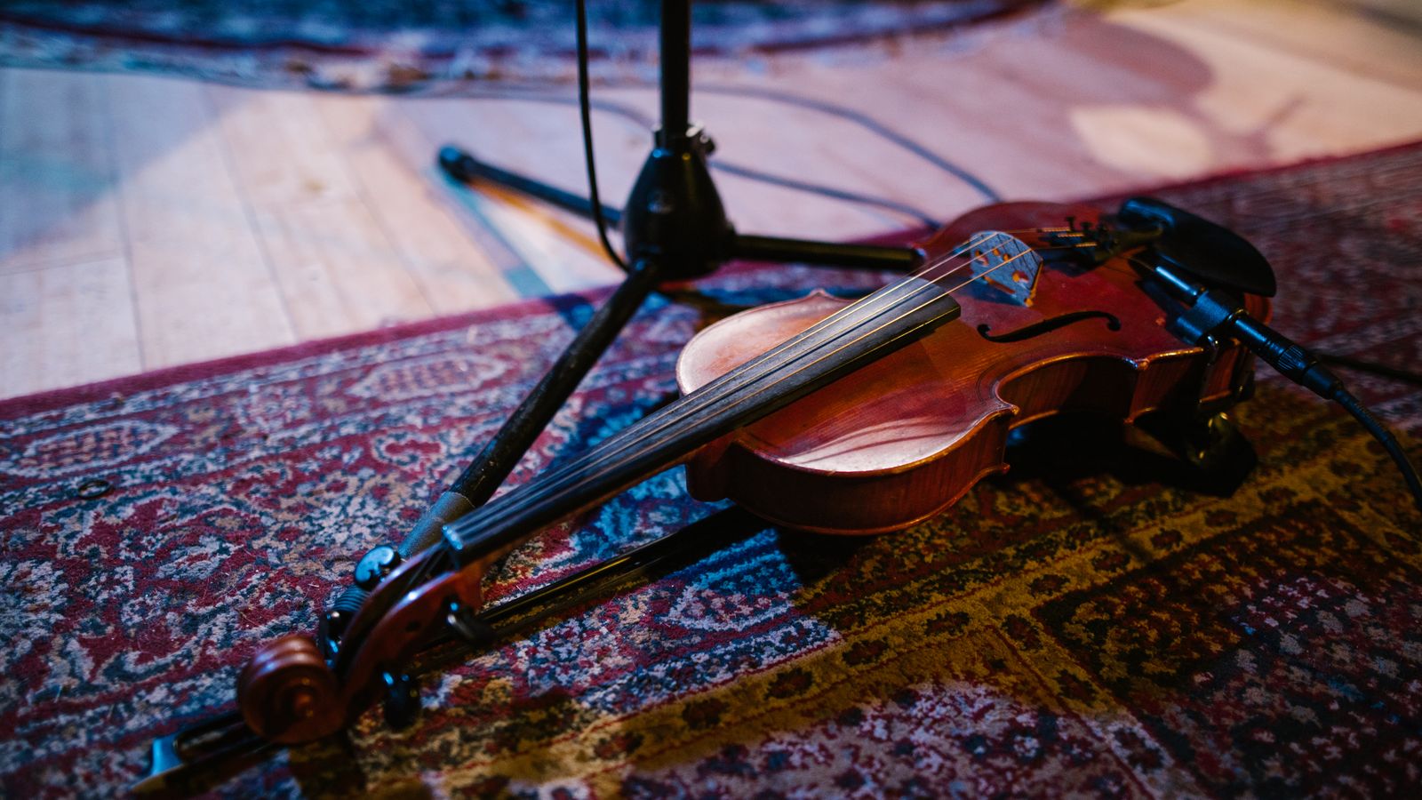 Brown violin resting on a patterned rug — why classical music at a child's birthday