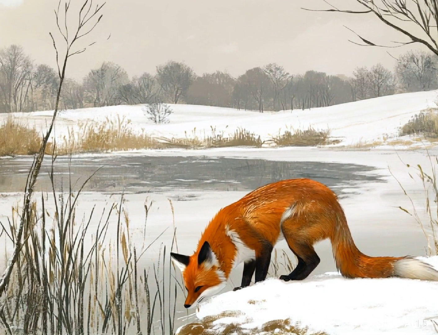 Painterly illustration of a fox by a still lake in warm golden tones
