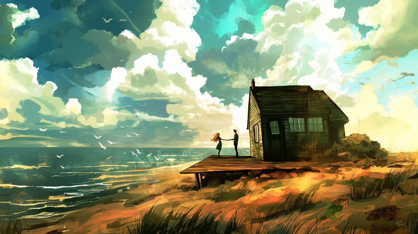 Dramatic painterly illustration of storm clouds in warm amber tones, storybook style
