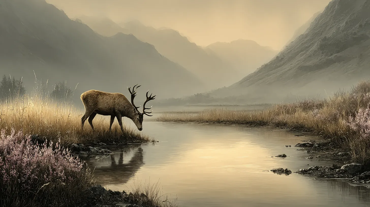 Painterly illustration of a red deer by a misty lake