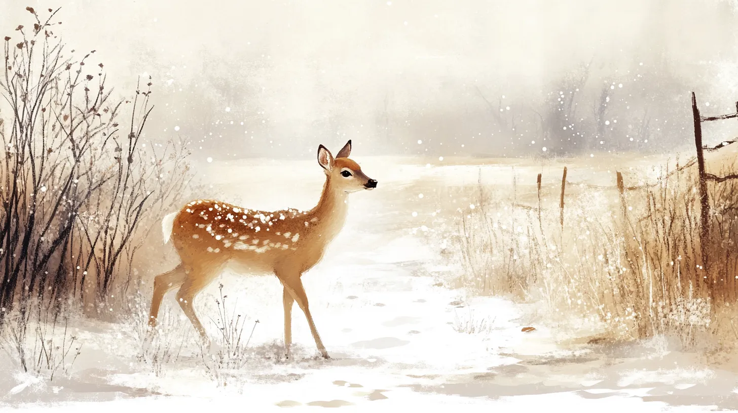 Storybook illustration of a doe in a snowy winter scene